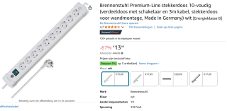 Brennenstuhl Premium-Line Stekkerdoos 10 stopcontacten voor €13,39 bij Amazon