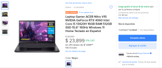 Laptop Gamer NVIDIA RTX 4060 4060 Intel Core i5 13420H por $23,899 en Mercado Libre