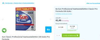 Sun Professional Vaatwastabletten Classic Pro Formula 600 stuks voor €42,49 bij Plein