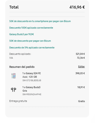 Samsung Galaxy S24 FE 128GB + Buds3 por 416,96€