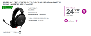 Auriculares Gaming HyperX Cloud Stinger 2 Core PC-PS4-PS5-XBOX-SWITCH-MOVIL por 24,99€