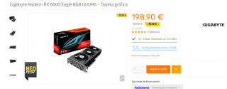Tarjeta gráfica Gigabyte Radeon RX 6600 Eagle 8GB GDDR6 por 179,89€