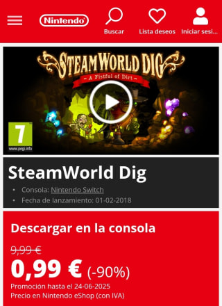 Steamworld Dig Nintendo por 0,99€.