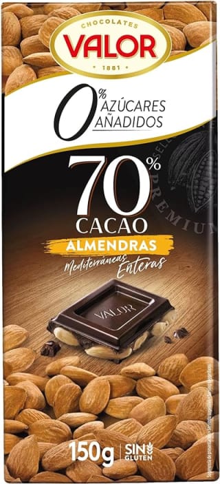 Valor Chocolate Negro 70% con Almendras Mediterráneas Enteras. 0% Azúcares. Por 2,14€