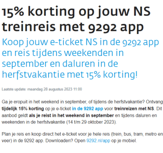 15% korting op NS treinreis met de 9292 app