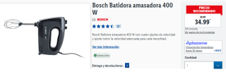 Batidora amasadora 400 W Bosch por 34.99€