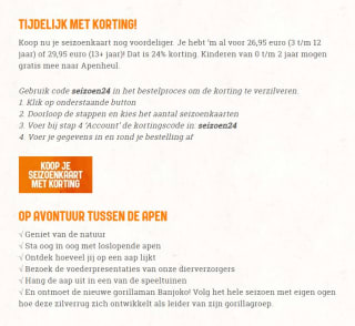 24% korting op een seizoenkaart met deze Apenheul kortingscode