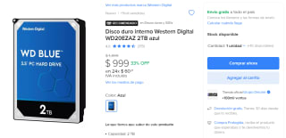 Disco Interno Western Digital WD20EZAZ 2TB por $999 en Mercado Libre