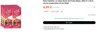 2 Packs de 30 unidades de 200ml de La Verja Zumo de Frutos Rojos por 9.98€