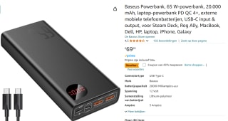 Baseus Powerbank, 65 W-powerbank, 20.000 mAh voor €39,89 bij Amazon