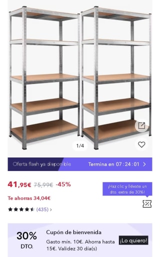 Set de 2 Estanterías Metálicas Galvanizadas 875Kg 5 Baldas (2 Unidades) por 29,36€.