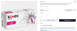 Tampones tamaño súper de 16 unidaees marca Kotex por 1,8€