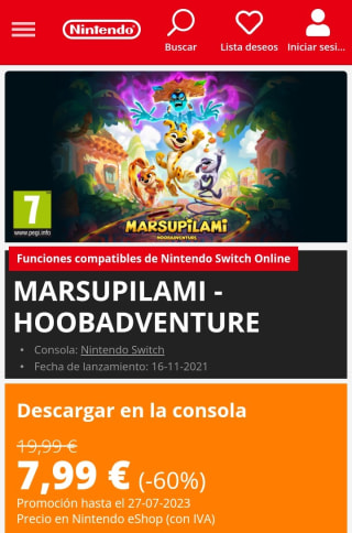 MARSUPILAMI - HOOBADVENTURE Nintendo Switch por 7,99€.
