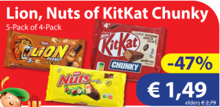 4-pack of 5-pack Lion, Nuts of KitKat Chunky voor €1,49 bij Die Grenze