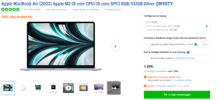 Apple MacBook Air 13" (2022) M2-chip 512GB (Midnight)	voor €1229 bij Coolblue