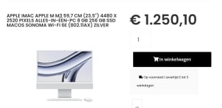 Apple iMac 2023 24" M3 8 Core, 8‑core GPU, 8GB ram, 256GB ssd, Qwerty, Zilver voor €1.250,10