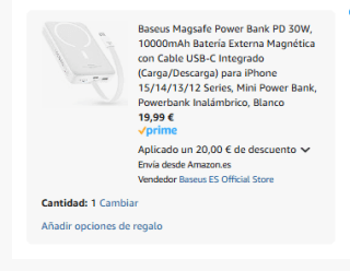 Baseus Magsafe Power Bank PD 30W, 10000mAh por 19,99€