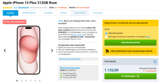 Apple iPhone 15 Plus, 512GB opslag Roze voor €1132 bij Belsimpel