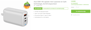 Acer 65 Watt oplader (3 poorten en Gan) voor €29,90 bij Acer