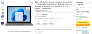 Microsoft Surface 5 i5 8GB 256GB SSD por $17,849 en Amazon