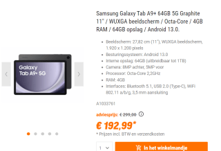 Samsung Galaxy Tab A9 Plus - 5G - 64GB - Gray voor €192,99 bij NBB