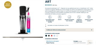 Machine à eau pétillante ART SODASTREAM + 3 bouteilles 1L compatible lave-vaisselle + 1 Recharge de CO2 à clipser Quick Connect à 79,99€
