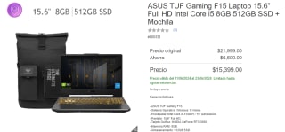 ASUS TUF F15 15.6" i5 8GB 512GB SSD + Mochila por $13,859 en Costco Ejecutiva