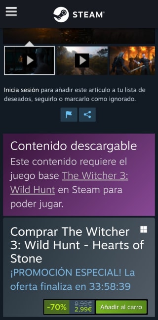 The Witcher 3: Wild Hunt. Hearts of Stone por 2,99€.