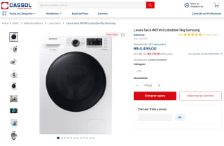 Lava e Seca da Samsung, modelo WD11A Ecobubble de 11kg - R$ 4.499
