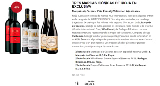 2 botellas de Fincas Valdemar Gran Reserva 2016. B. Valdemar. D.O.Ca. Rioja. + 2 botellas de Viña Pomal Cuvée Especial Reserva 2021. Bodegas Bilbaínas. D.O.Ca. Rioja. + 2 botellas de Marqués de Cáceres Edición Especial Reserva 2019. B. Marqués de Cáceres. D.O.Ca. Rioja. por 40€