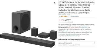 Barra de Sonido Inteligente LG S80QR , 620W, 5.1.3 canales, Triple Altavoz Atmos Vertical, Altavoces Traseros Incluidos, Sonido Envolvente Dolby Atmos, dst:X e IMAX por 569€