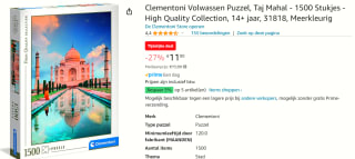 Puzzel 1500 stukjes Clementoni - Taj Mahal voor €11 bij Amazon