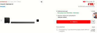 Philips TAB5308 2.1-kanaals soundbar met draadloze subwoofer voor €99 bij de Mediamarkt