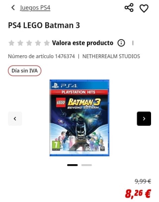 Lego Batman 3 PS4 por 8,26€.