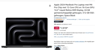 Apple 2024 MacBook Pro M4 Pro Chip (12C CPU/16C GPU) 24 GB 512 G voor €1.919 bij Amazon