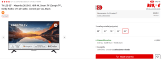 TV LED 65" Xiaomi A 2025 65, HDR 4K, Smart TV por 399€