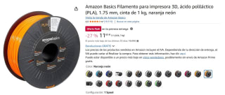 Amazon Basics - Filamento para impresora 3D, (PLA), 1.75 mm, 1 kg, naranja neón por 11,65€