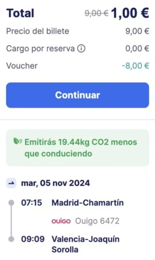 Billetes de tren de alta velocidad Ouigo Madrid a Valencia / Madrid a Zaragoza / Madrid a Valladolid.