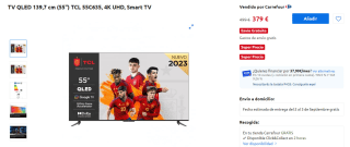 TV QLED55" TCL 55C635, 4K UHD, Smart TV por 379€