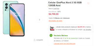 OnePlus Nord 2 5G 8GB 128GB Azul por $4,079 en Linio