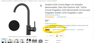 Grifo Cocina Negro con Aireador desmontable, Caño Alto Giratorio 360 grados por 24,99€