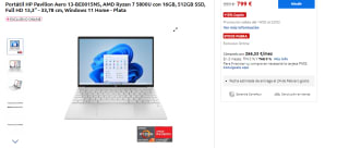 Ordenador Portátil HP Pavilion Aero 13-BE0015NS, AMD Ryzen 7 5800U con 16GB, 512GB SSD, Full HD 13,3" - 33,78 cm, Windows 11 Home - Plata por 799€