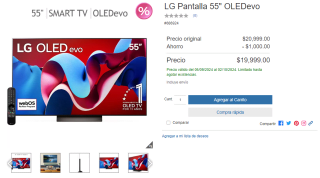 Pantalla LG 55" OLED evo por $14,999 en Costco