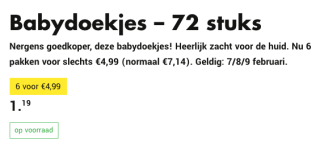 Babydoekjes 6 pakken ( 432 doekjes ) voor 4,99 euro