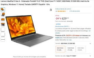 Portatil Lenovo IdeaPad 3 Gen 6 con Intel Core i7-1165G7 de 8G/512GB SSD por 629€