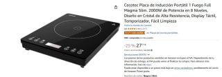 Cecotec Placa de Inducción Portátil 1 Fuego Full Magma Slim. 2000W por 27,71€