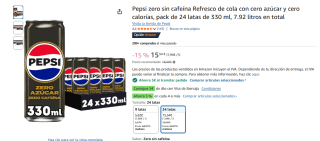 24 latas Pepsi zero sin cafeína Refresco de cola con cero azúcar y cero calorías de 330 ml por 10,34€