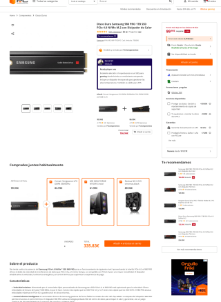 Disco Duro Samsung 980 PRO 1TB SSD PCIe 4.0 NVMe M.2 con disipador por 99,95€