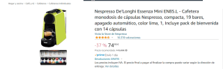 Nespresso De'Longhi Essenza Mini EN85.L+14 capsulas por 74,95€