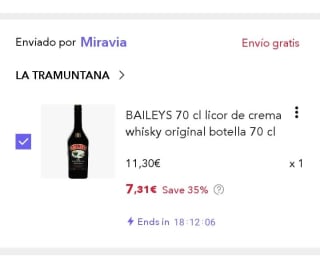 BAILEYS 70 cl licor de crema whisky original botella 70 cl por 7,31€.